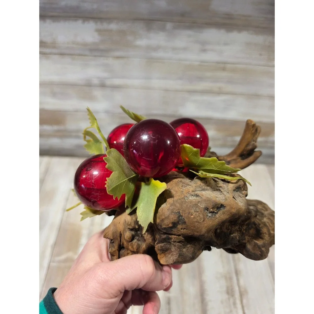 Vintage Mid‎ Century Lucite Grape Cluster on Natural Driftwood Burl Base Red - Picture 7 of 10